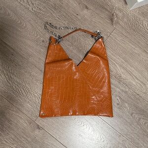 Croc-Embossed Tan Shoulder Bag